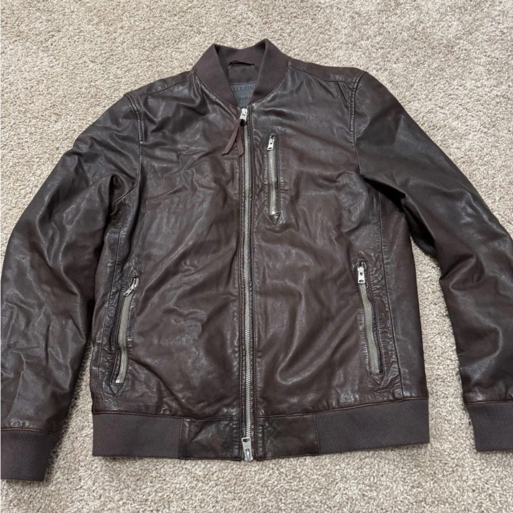 All Saints Dark Brown Leather Bomber Jacket